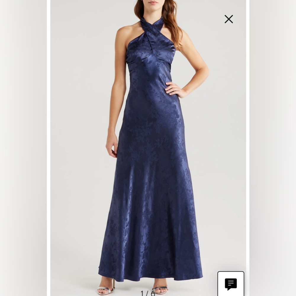 NWT- Lulus Satin Jacquard Navy Blue Halter Maxi Dress, size XS